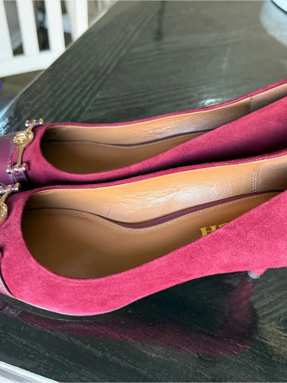 Coach Burgundy Pointed Toe Pumps with Gold Accent